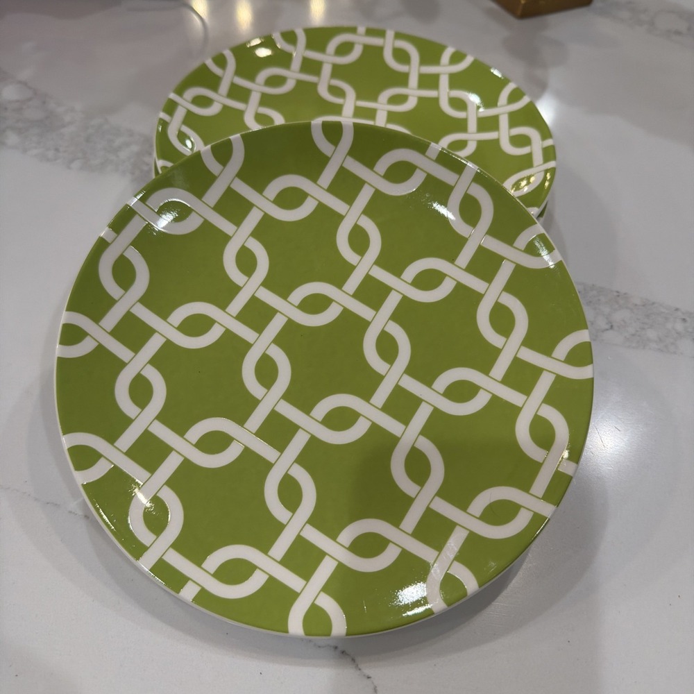 Celebrating Home Stoneware Collection Luncheon Plates 4 Green White Lattice
